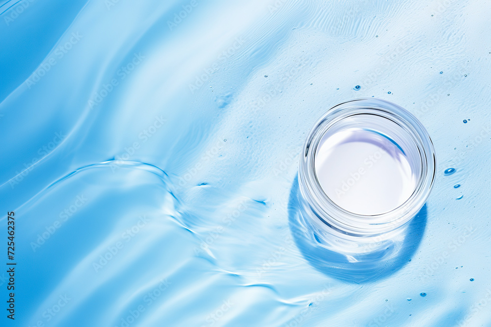 Blank white cosmetic jar on blue water background. Face cream packaging product mockup. Body care, spa skincare. Copy space Blank white cosmetic jar on blue water background. Face cream packaging product mockup. Body care, spa skincare. Copy space