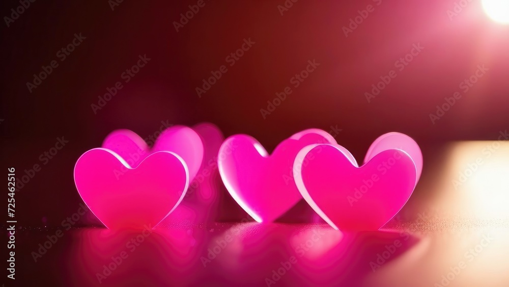 Several heart shaped glass on red bokeh abstract background. 3d. The symbol of love is Valentine's Day.