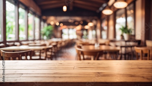 empty wooden tabletop against the backdrop of a cozy cafe  restaurant. background. photo for background 