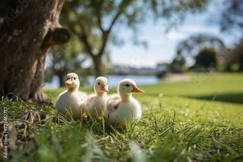 Cute ducklings frolicking on vibrant green grass in a breathtaking outdoor scene