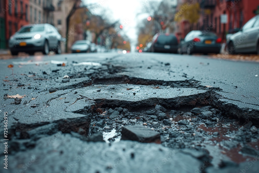 Naklejka premium A worn-out urban road with numerous potholes highlights infrastructure neglect, posing risks to vehicles and pedestrians and calling for immediate repair