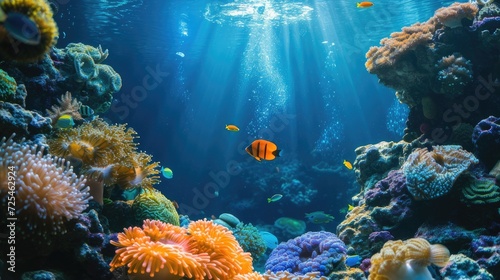 Colorful underwater world, details of coral reef, colorful fish and dark blue ocean