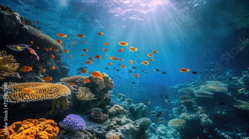 Colorful underwater world  details of coral reef  colorful fish and dark blue ocean