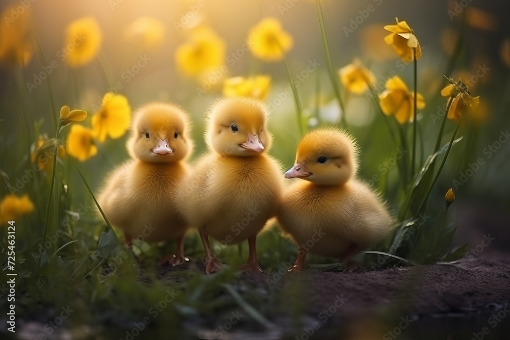 Adorable ducklings frolicking on lush green grass in a bright and inviting outdoor scene