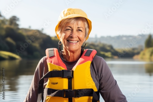 Portrait of happy senior woman wearing life jacket and safety helmet. © Nerea