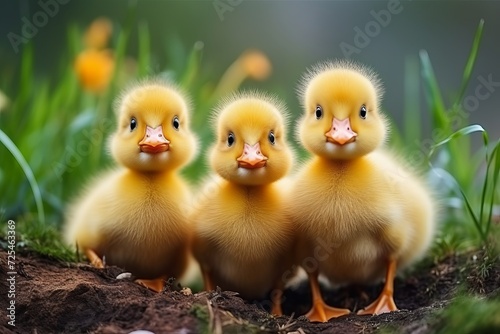Adorable ducklings on green grass outdoors with copy space for text and design element