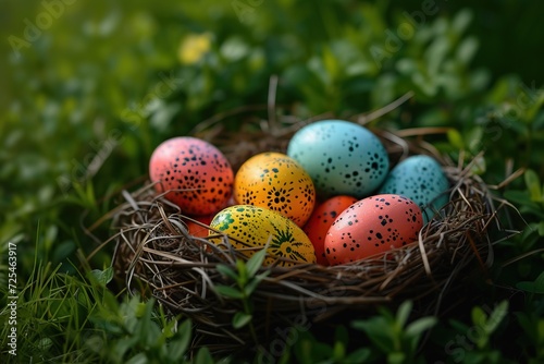 Colorful eggs in a green field for Easter. Generative AI