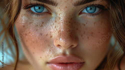 Woman face with skin freckle. photo