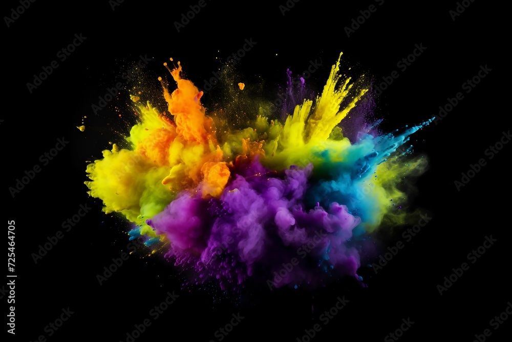 Holi paint powder explosion of purple, yellow, and green on black background. Mardi Gras colors. Abstract wide format banner. AI Generated