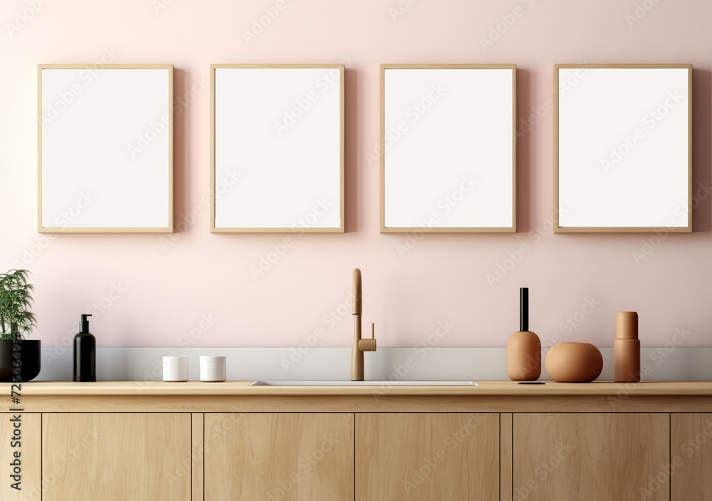 Living room with a well-lit interior, adorned with a dresser, shelf, art decorations, and mockup frames. Made with generative AI technology Living room with a well-lit interior, adorned with a dresser, shelf, art decorations, and mockup frames. Made with generative AI technology
