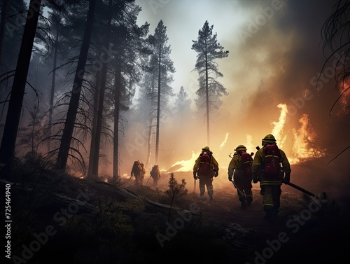 firemen fighting flames in the burning forest. 
