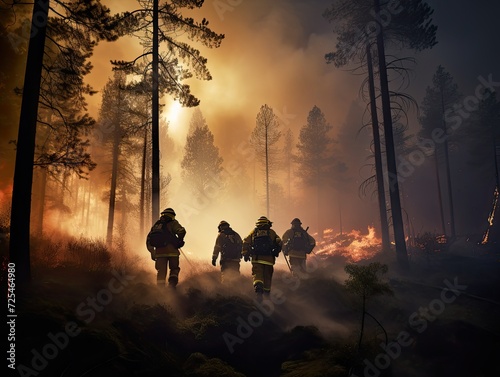 firemen fighting flames in the burning forest.  photo