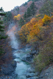 日本　秋田県湯沢市の川原毛地獄の紅葉と蒸気をあげる川