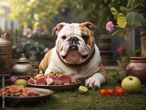 Bulldog ingles con un surtido de comida de lujo para perros   © Antonio