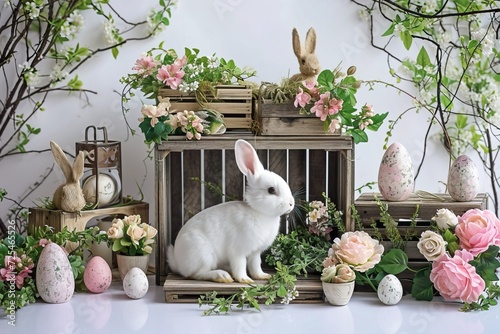 Fluffy Rabbit, Easter Eggs, and Spring Flowers.