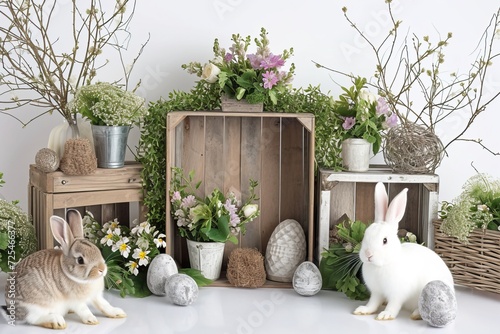 Fluffy Rabbit, Easter Eggs, and Spring Flowers.