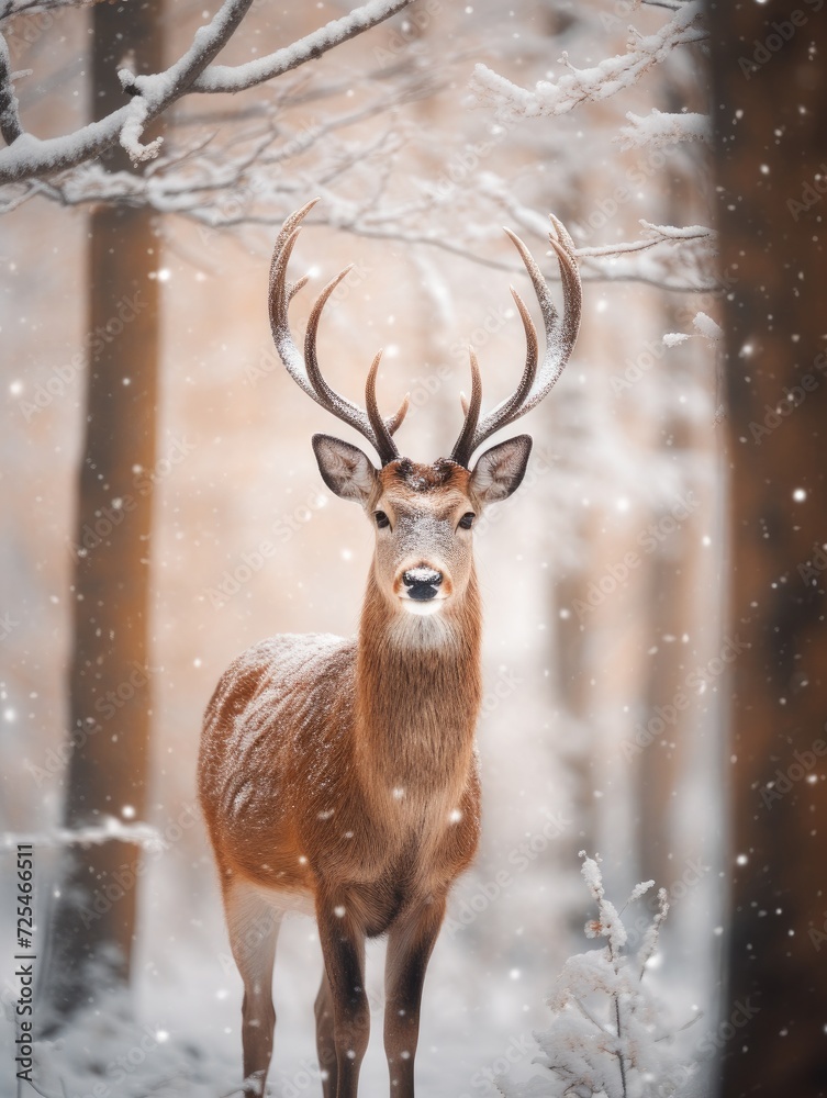 portrait of a deer in the winter forest. portrait of a deer in the winter forest.