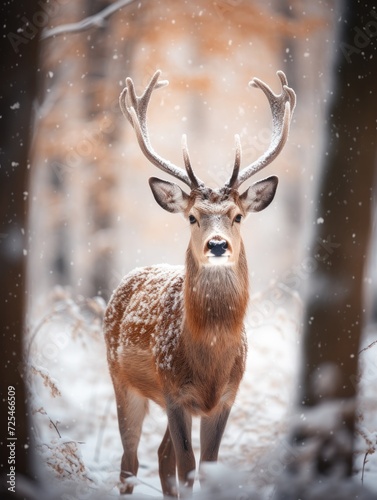 portrait of a deer in the winter forest. 