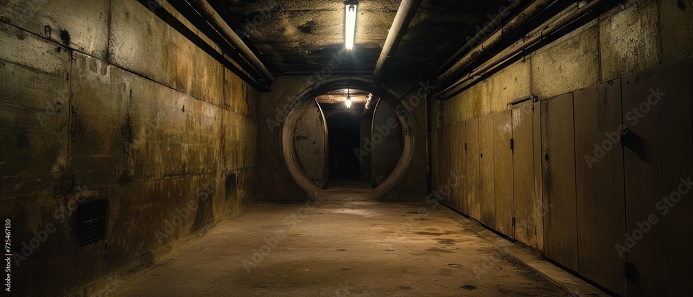 An empty Cold War bunker, hidden beneath the earth, its eerie silence holding secrets of espionage and a world on the brink of nuclear conflict