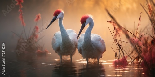 Beautiful sunrise, foggy lake. Cranes or herons. Theme of love and family in nature.  photo