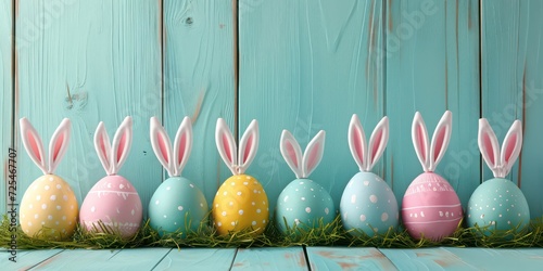Easter eggs adorned with charming bunny ears illustrations wooden background.
