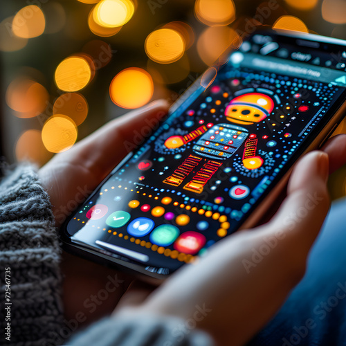 Wallpaper Mural Hand holding a smartphone against a bokeh background with a colorful futuristic robot displayed on the screen.
 Torontodigital.ca