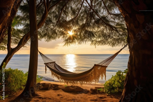 A hammock sways on the beach at sunrise, a tranquil spot for relaxation and serenity.