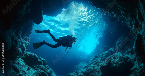 Scuba diving, underwater or diver swimming and exploring for marine adventure, hobby or vacation activity. Beautiful, blue and clear calm ocean view for travel, exploration or environmental discovery