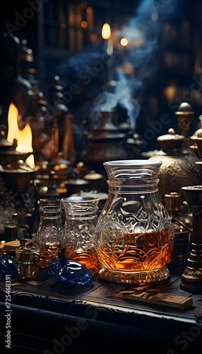 Glass decanters of different shapes and sizes on a dark background