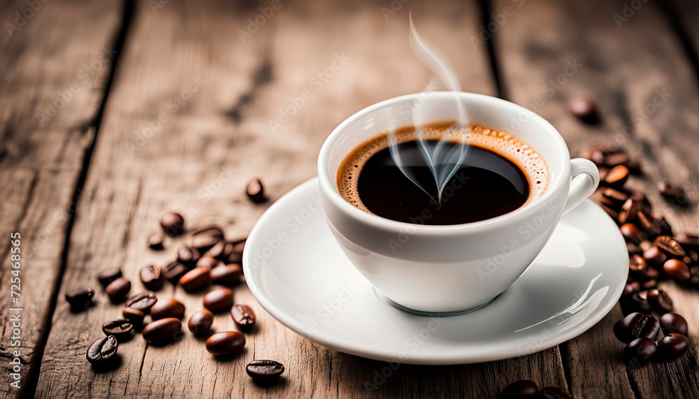 Coffee in white cup on wooden table with coffee beans Coffee in white cup on wooden table with coffee beans