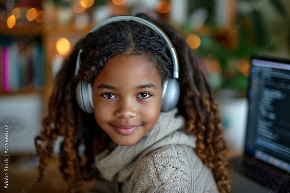 A mixed-race schoolgirl with laptop and headphones continues her education from home, showcasing adaptability and enthusiasm amidst pandemic challenges A mixed-race schoolgirl with laptop and headphones continues her education from home, showcasing adaptability and enthusiasm amidst pandemic challenges