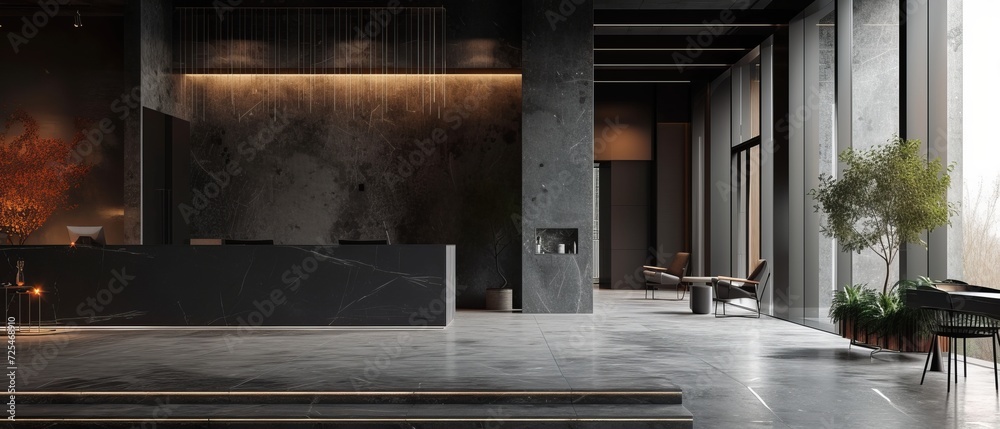 Minimalist studio dominated by a slate black abstract theme, with a focus on monochrome marble patterns and minimalist basalt elements. Minimalist studio dominated by a slate black abstract theme, with a focus on monochrome marble patterns and minimalist basalt elements.