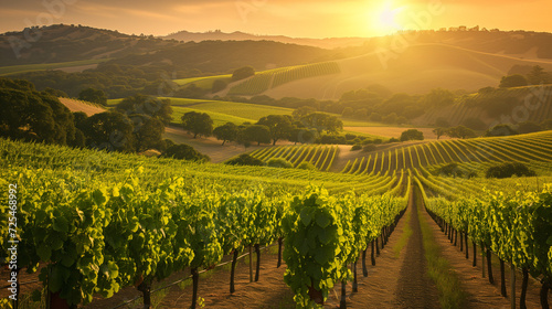 Sunset Stroll through Lush Vineyard - Green Grapevines and Rolling Hills in Wine Country Landscape for Agriculture and Viticulture Themes