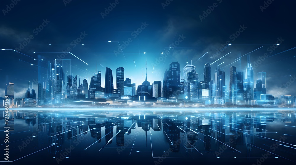 Futuristic city panoramic background. Futuristic city panorama with high-rise buildings and skyscrapers. Business and technology concept