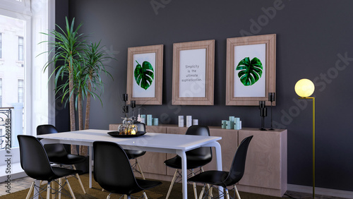 Elegant dining room 3d render design with three frame mockup