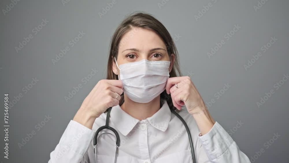 Portrait of a female doctor or nurse looking at the camera on grey background