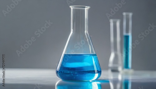 a close-up view of a transparent glass test flask filled with vibrant blue liquid, isolated on a sleek grey backdrop. Highlight the precision of laboratory tests and the essence of chemistry science o