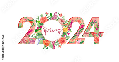 Floral number 2024. Spring concept. Creative set of 2, 0 and 4 with vintage flowers and leaves. Beautiful wreath with roses. Isolated symbol with clipping mask. Sale or special offer banner. Web icon.