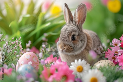 Fluffy Rabbit  Easter Eggs  and Spring Flowers.