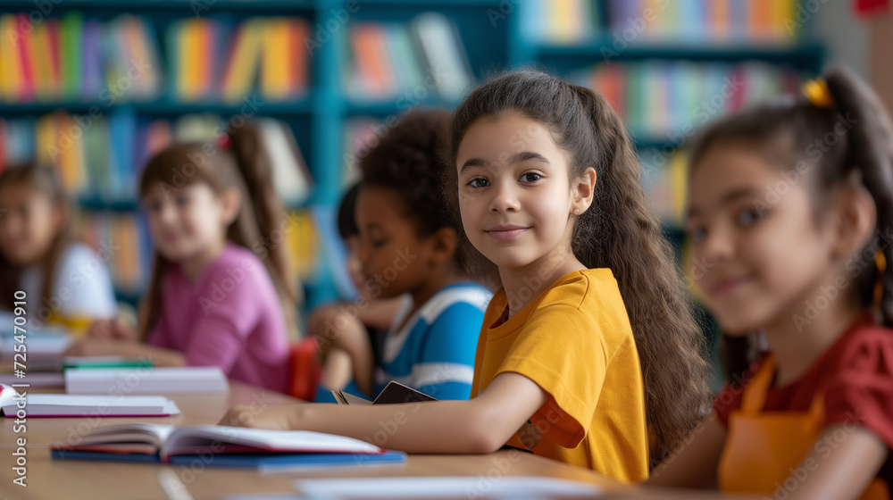 Multicultural group of kids sit at tables with books and study at primary school. Education, knowledge, development or studying. Multicultural group of kids sit at tables with books and study at primary school. Education, knowledge, development or studying.