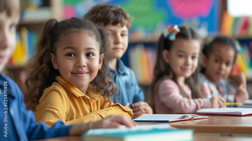 Multicultural group of kids sit at tables with books and study at primary school. Education, knowledge, development or studying. Multicultural group of kids sit at tables with books and study at primary school. Education, knowledge, development or studying.