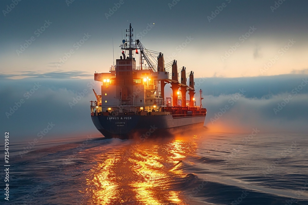 A vessel equipped with strong cranes is sailing in tranquil conditions on the ocean. A vessel equipped with strong cranes is sailing in tranquil conditions on the ocean.