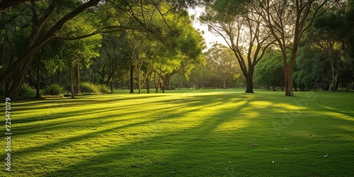Lush green grass and trees in the morning light at Horsham Botanic Gardens VIC Australia, with room for text.