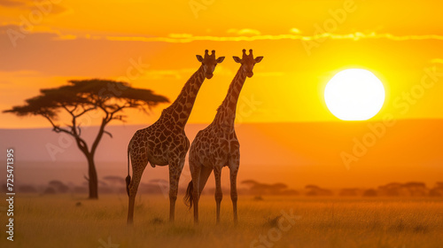 African Savannah with Giraffes at Sunset - Majestic Wildlife and Picturesque Landscape in the Wild for Nature and Travel Themes