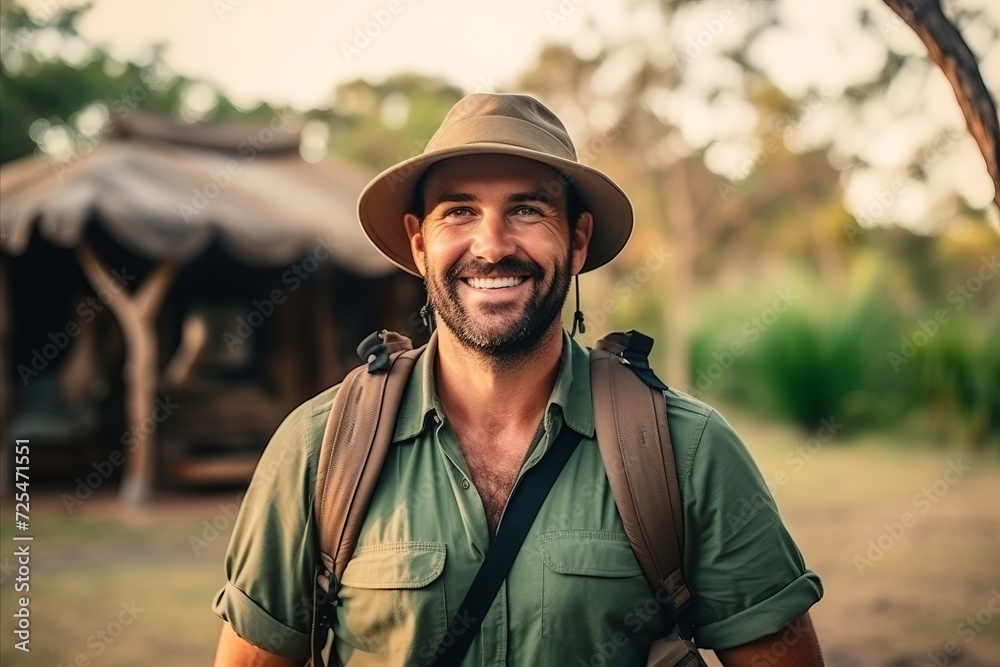Portrait of a smiling hiker wearing a hat and backpack outdoors