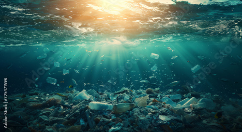 Ocean, sea and garbage floating underwater in dirty water for awareness background and poster design. Blue, wildlife and nature scene with plastic for impact of pollution, environment and waste