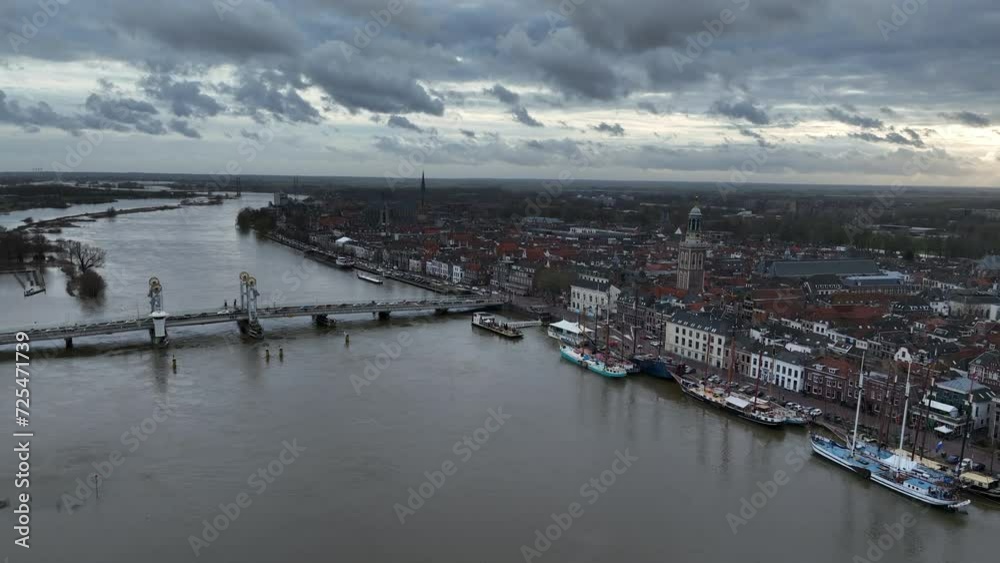 Aerial view on Kampen city at the river Ijssel whith flooded floodplains during winter in Overijssel, Netherlands Aerial view on Kampen city at the river Ijssel whith flooded floodplains during winter in Overijssel, Netherlands