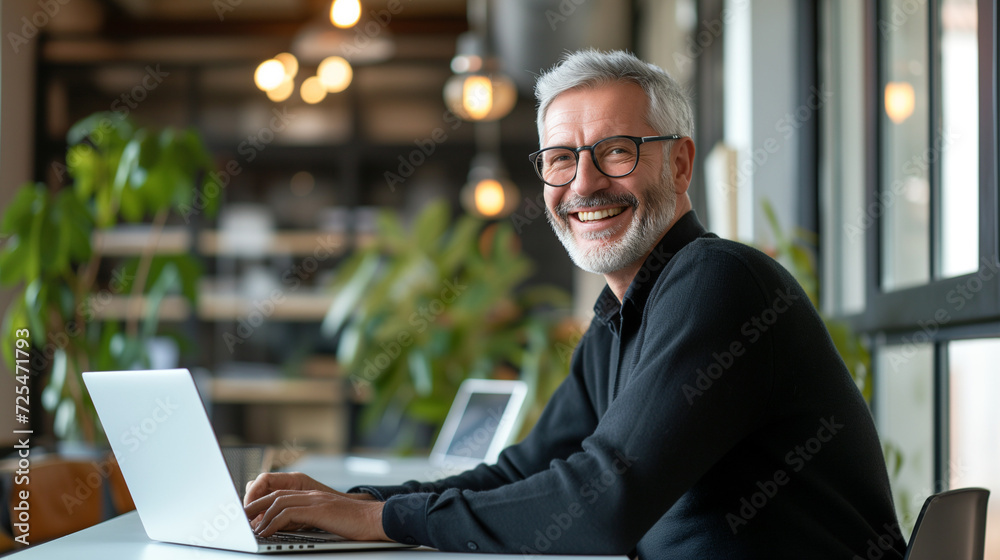 Smiling Mature Businessman Working on Laptop in Bright Office - Experienced Professional, Modern Workspace, and Senior Executive at Work Smiling Mature Businessman Working on Laptop in Bright Office - Experienced Professional, Modern Workspace, and Senior Executive at Work