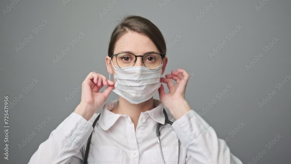 Portrait of a female doctor or nurse looking at the camera on grey background Portrait of a female doctor or nurse looking at the camera on grey background