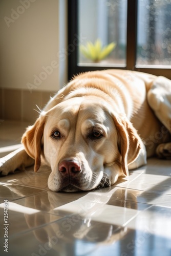 Yellow labrador retriever napping on tile floor next to sliding glass door with sunlight streaming in.